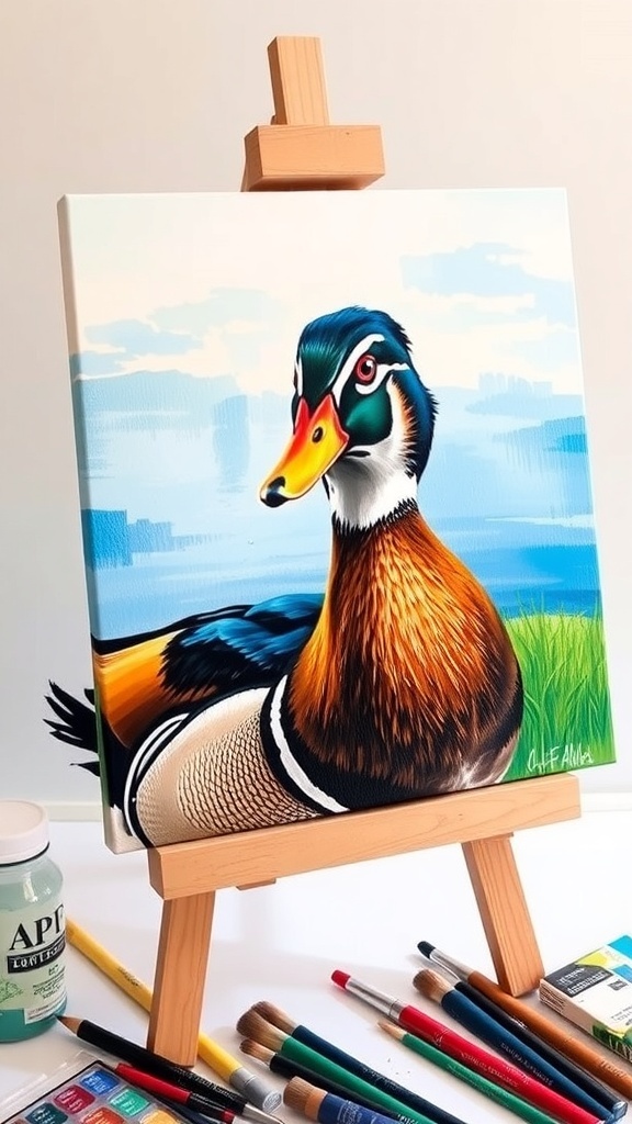 A colorful acrylic painting of a duck on a serene background of water and grass.